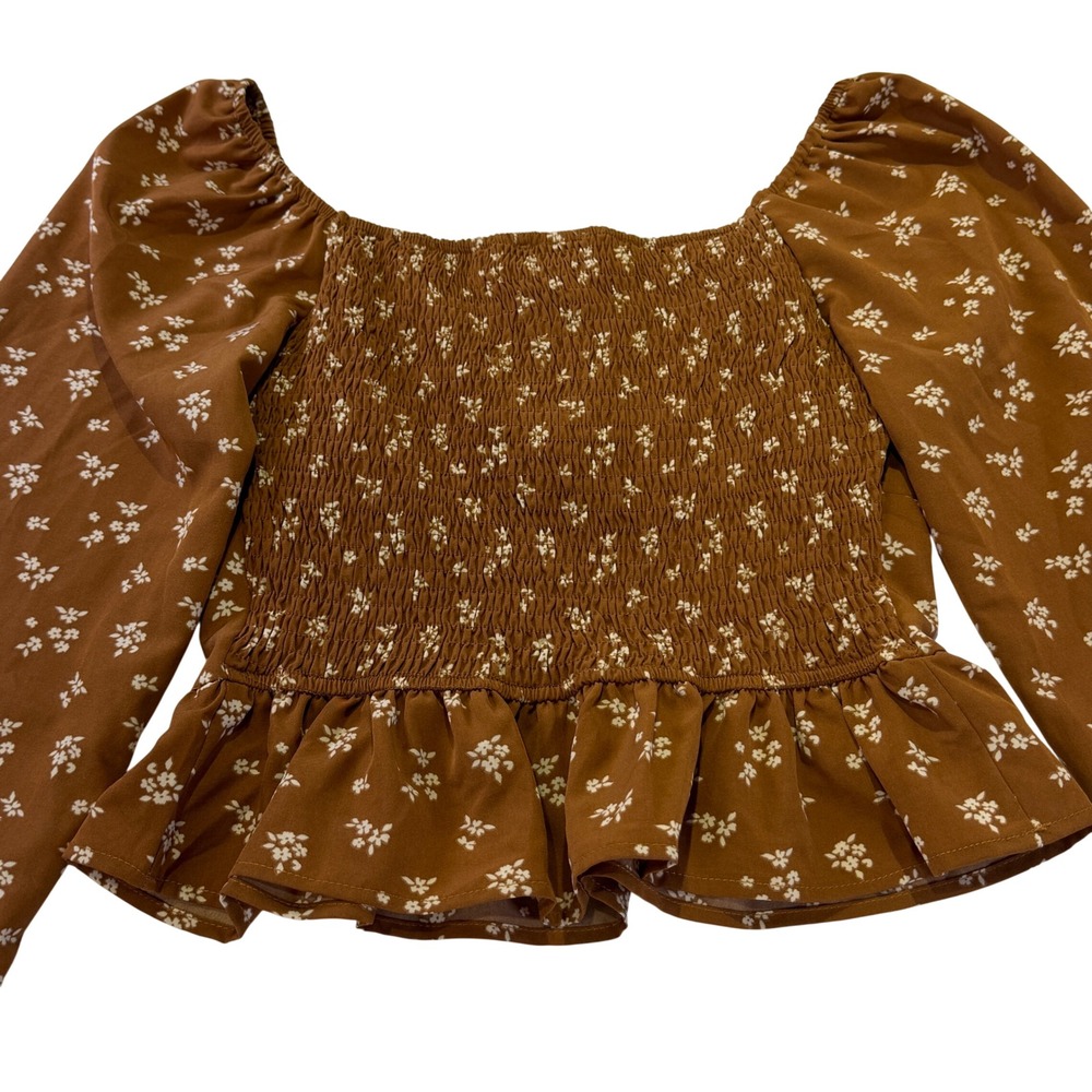 House of Thread Brown Floral Peplum Long Sleeve Smocked Back Small 336A4 - Picture 6 of 9
